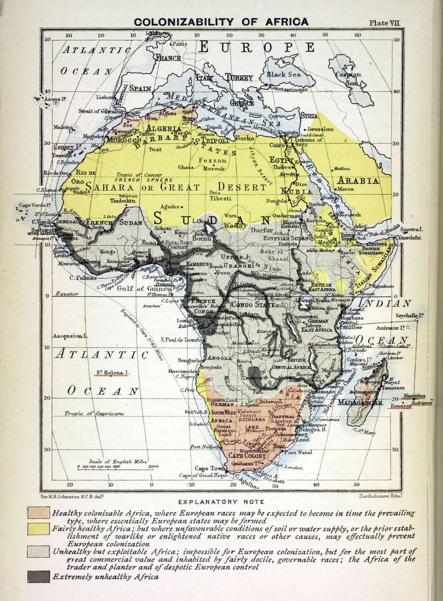 'Colonizability of Africa' — British map (1899) showing Africa shaded according to its suitability for European colonisation.