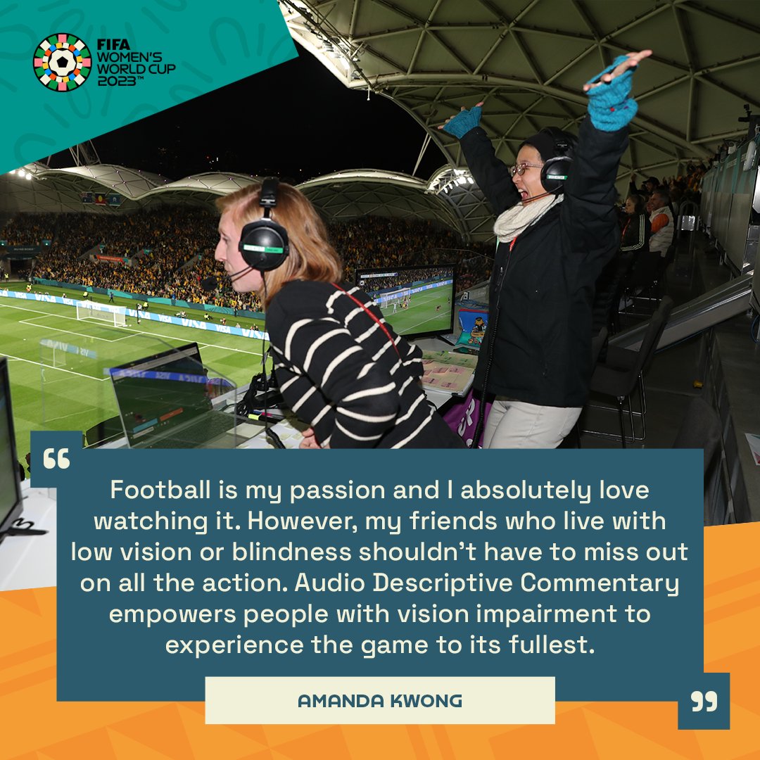 FIFAcom's tweet photo. "If Amy and I are the impetus to another female believing that she can do what we do, then that's a win." 👏

A great moment in Melbourne today, as Amanda Kwong was joined by Amy Webster to co-deliver Audio Descriptive Commentary of @TheMatildas' game against @CANWNT. https://t.co/WOJnoMh4fu