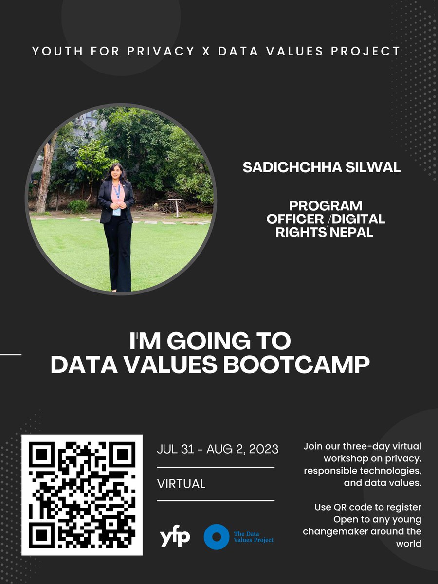 I'm going to #DataValues Bootcamp 💻
 How is your data used? Do you know who has your data? How do you want your data to be used?
 A three-day virtual boot camp will grapple with those questions. Open to any young changemaker around the world.
 Info 👉youthforprivacy.org/data-values-bo…