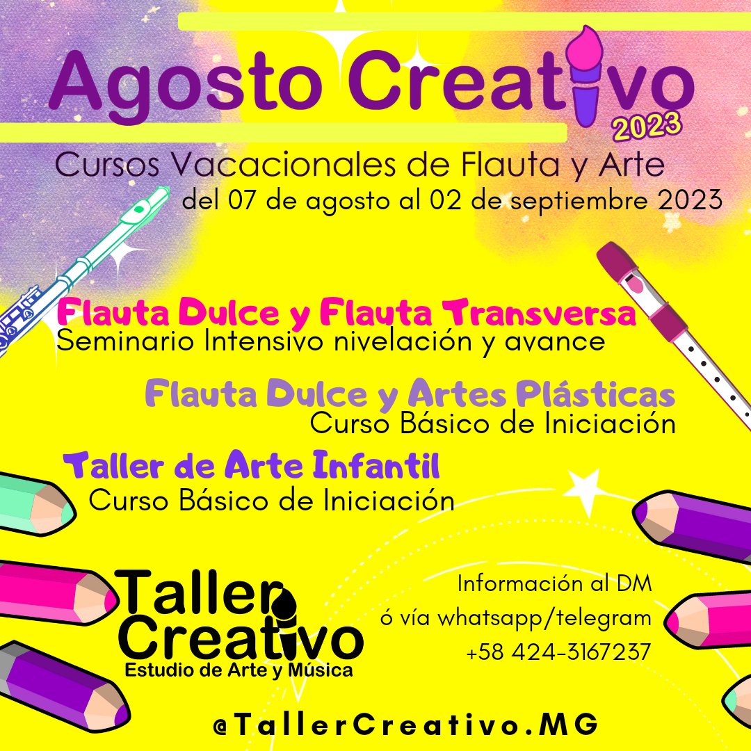 Ya tus hijos (as) estan de vacaciones, un curso vacacional de Flauta y/o Arte es una excelente oportunidad para:
1.- Alejarlo de las Pantallas
2.- se inicie en el arte de forma ludica y didactica con prof de arte certificada
Envie un whatsapp al 0424.3167237  
CUPOS LIMITADOS