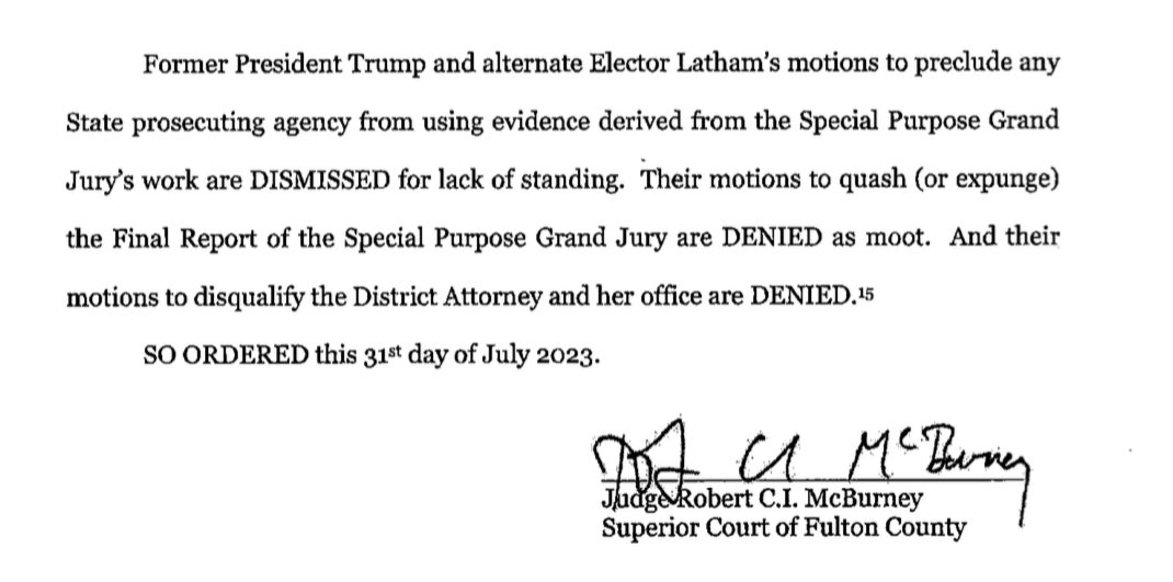 TRUMP REJECTED AGAIN— Fulton County Superior Court Judge Robert McBurney just DISMISSED Donald Trump's attempt to disqualify Fani Willis, prevent her from using evidence derived from the Special Purpose Grand Jury, and block expected indictments out of Fulton County.