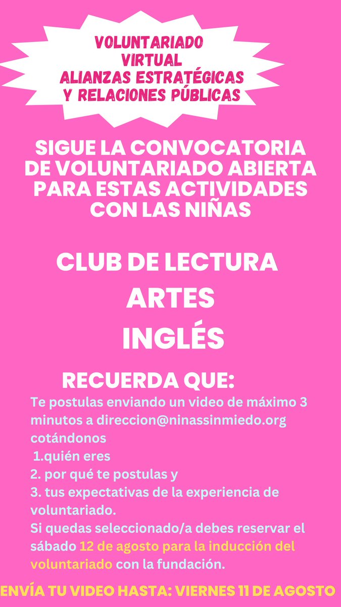 Sigue la convocatoria abierta para estas actividades con las niñas entre semana. Si aun te interesa postularte puedes hacerlo hasta el viernes 11 de Agosto.#voluntariado