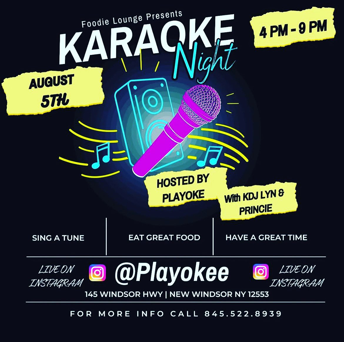 GoldenChild_Ent's tweet photo. 🚨EVENT ALERT 🚨 
@playokee Presents: #KaraokeNight 

August 5th , 2023 
At 
@foodieloungellc 
145 Windsor Hwy.
New Windsor, NY 

From :
4PM - 9PM
Food, Music , Games &amp; Dancing 💃🏽 🕺🏽 https://t.co/o0q1Qubc5U