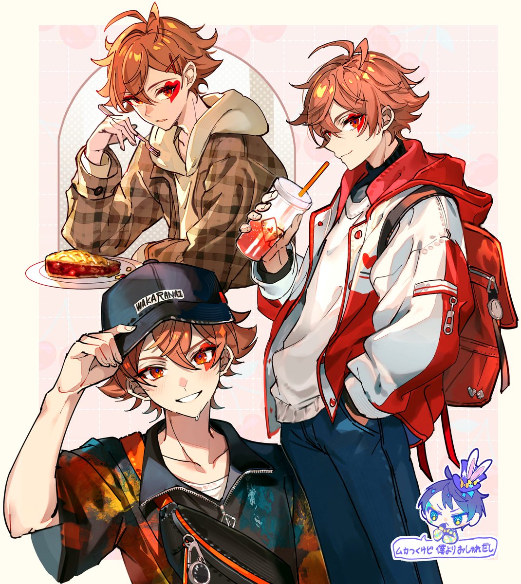 male focus bag hat backpack jacket food smile  illustration images