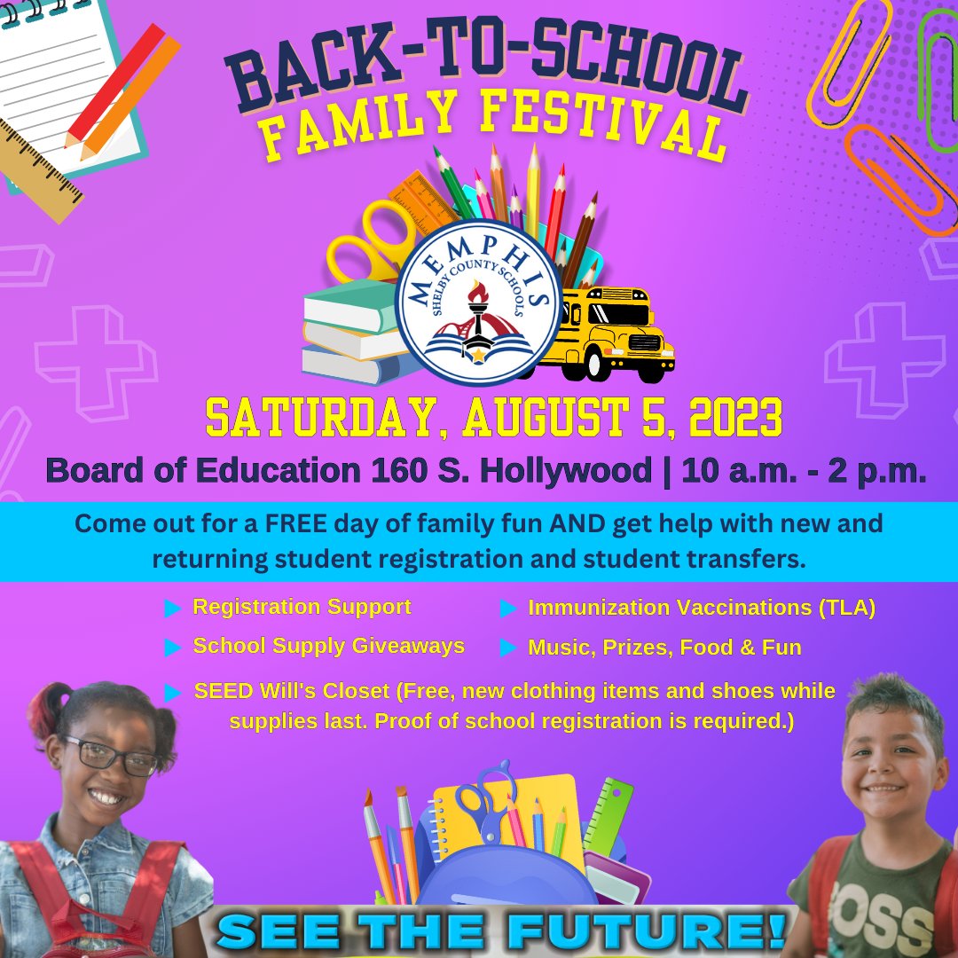 MSCSK12's tweet image. #BigMemphis #BigFuture #BigBlockParty 🎉 〽️ 📚
Join us on Saturday, August 5, for our Annual Back-to-School Unity Run &amp;amp; Family Festival at the Board of Education (160 S. Hollywood.)