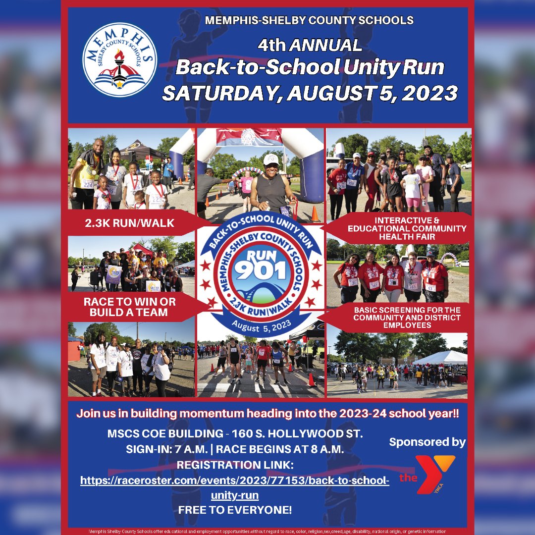MSCSK12's tweet image. #BigMemphis #BigFuture #BigBlockParty 🎉 〽️ 📚
Join us on Saturday, August 5, for our Annual Back-to-School Unity Run &amp;amp; Family Festival at the Board of Education (160 S. Hollywood.)