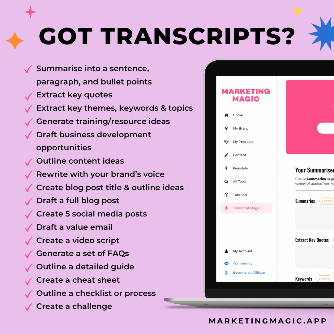 JeaneSumner's tweet photo. Been using Marketing Magic and it's a game-changer! Transcript Magic just added for the lifetime deal that ends tonight. Excited to share the magic with you all so you can get back to doing what you love, too  ✨ 🔗 https://t.co/JNFra4z40i  #AItools #MarketingTools https://t.co/HxzaRiXYVI