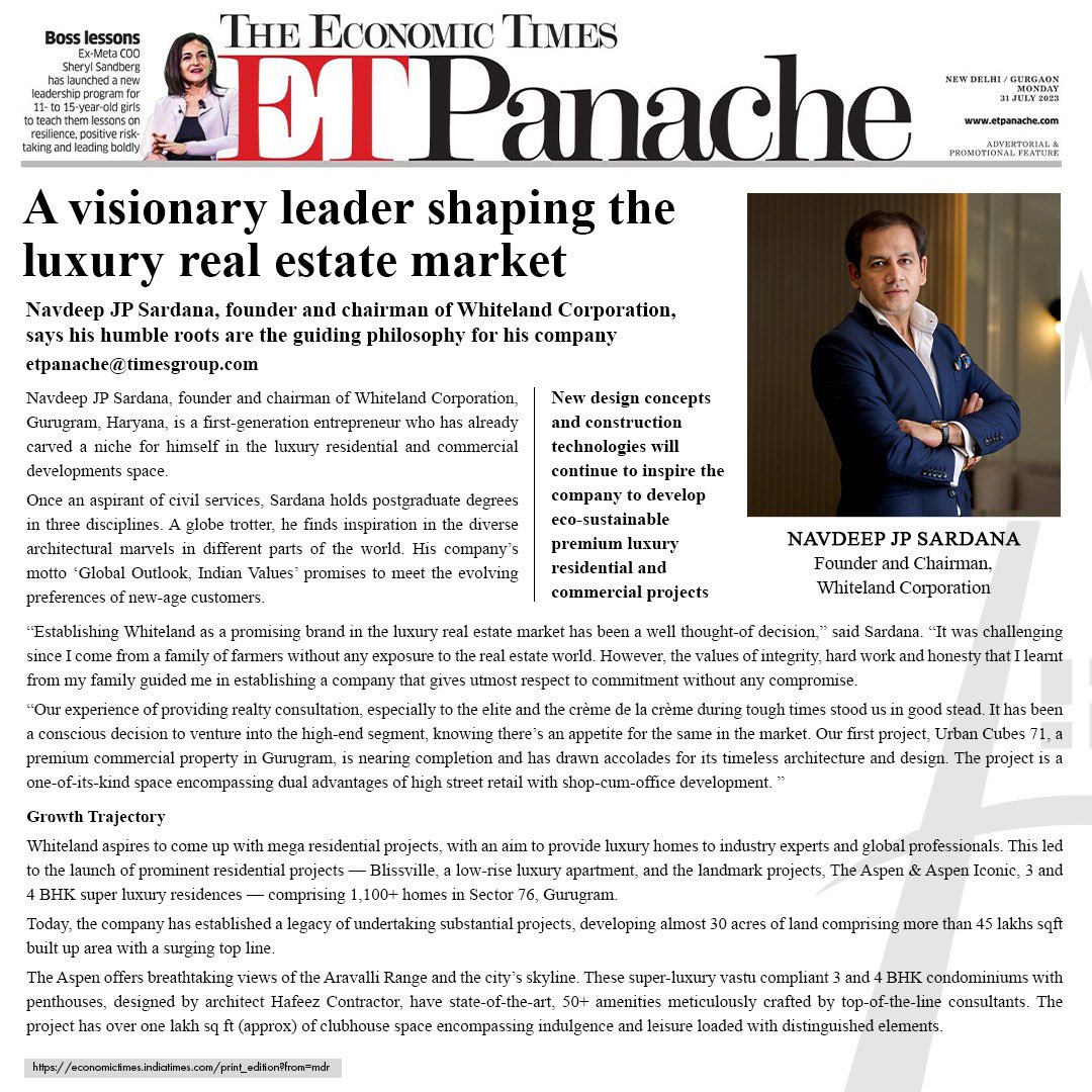 NavdeepSardana's tweet photo. Check out the coverage in 
*ET Panache* today 
as I share my vision &amp; thoughts on elevating the luxury real estate market in Delhi NCR with distinguished developments like The Aspen &amp; Aspen Iconic.

Edition: July 31st 2023, Monday
Page 1

#whitelandcorporation 
#etpanache https://t.co/1gjK6ER1z7