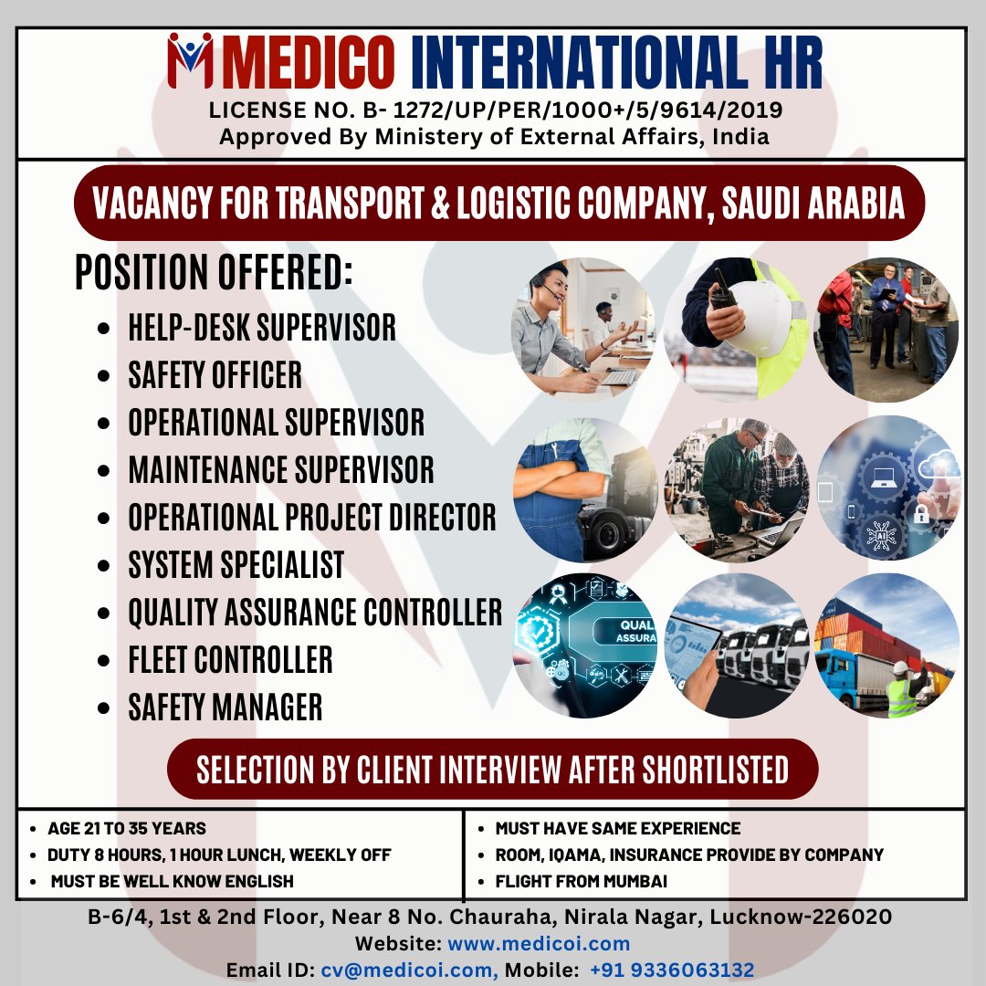 VACANCY FOR TRANSPORT & LOGISTIC COMPANY, SAUDI ARABIA
=

SELECTION BY CLIENT INTERVIEW AFTER SHORTLISTED

For apply please Call/ WhatsApp us: +91 9336063132

#logisticjobs #recruitment #hiring #jobs #gulfjobcareers #saudijobs #gulfjobs #jobs #naukri #gulfjob #hiring