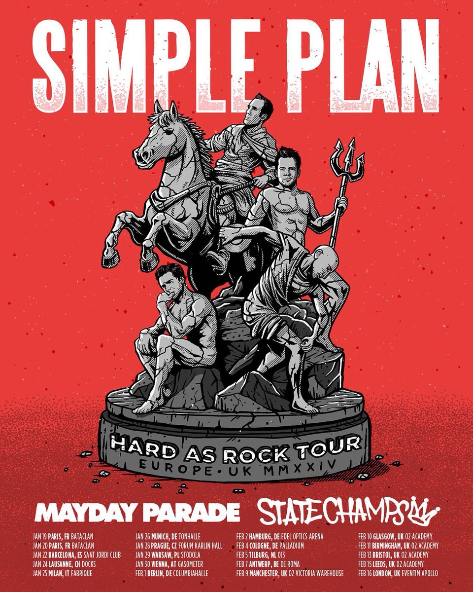 maydayparade's tweet photo. We are excited to announce that we’ll be joining @simpleplan for their “Hard As Rock” Europe &amp; UK Tour kicking off in January 2024! 🤘

Tickets go on sale Friday, August 4th* at 10am local time

*Antwerp show on sale August 8th
*Barcelona show on sale August 21st https://t.co/J2ITGGXD1s