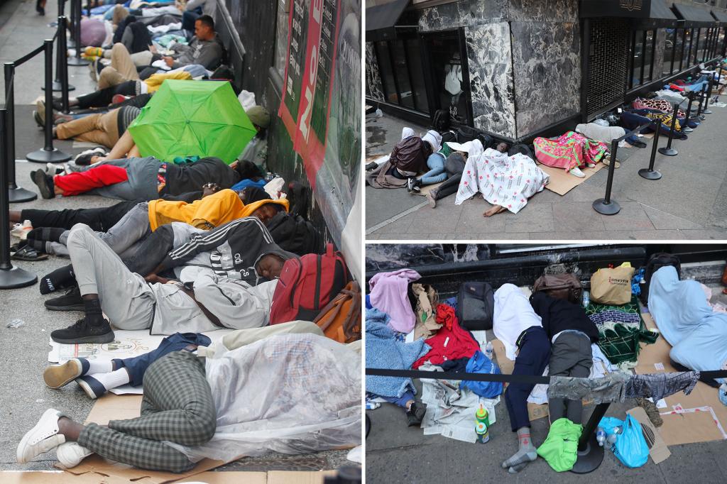 nypmetro's tweet photo. Sobering video shows migrants sleeping on cardboard outside iconic NYC hotel as shelter hits capacity https://t.co/4xFBtX6Ig0 https://t.co/KUYBNlhZza