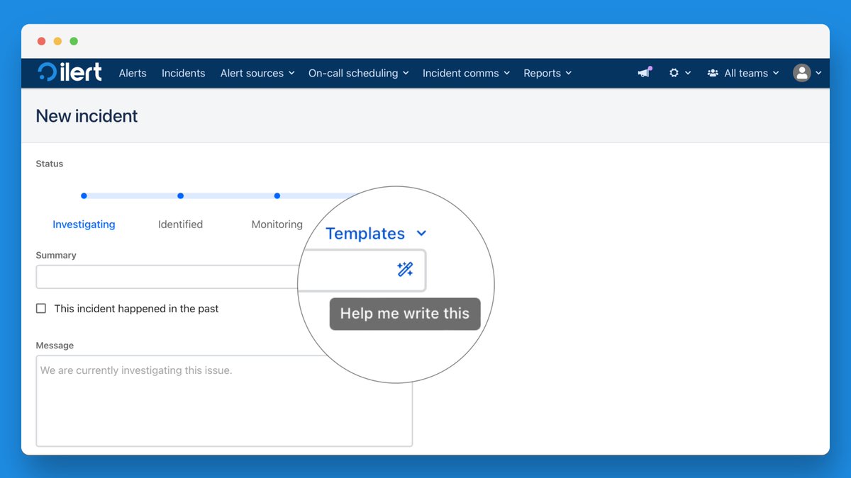ilerthq's tweet photo. Drafting accurate incident descriptions can be time-consuming. ilert's #AI-assisted incident communication feature is designed to speed you up. To try it out, briefly summarise what you want to communicate and click on the 🪄. Read more: https://t.co/neclvbvxAY https://t.co/H7YyZoO7SB