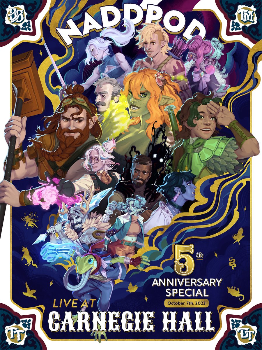 BIG NEWS. NaddPod is coming to CARNEGIE HALL in NYC on OCTOBER 7th for a special 5th Anniversary show featuring multiple campaigns & LIVE RENDITIONS OF EMILY'S MUSIC! Callooh Callay! Tickets go on sale Aug 1st @ 10AM w/ code PAWPAW carnegiehall.org/calendar/2023/… Poster by @DemeruArt!