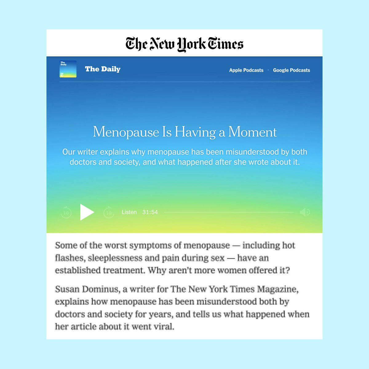 ICYMI, last week's The Daily podcast, "Menopause Is Having a Moment," is a must-listen! Thank you to <a href="/susandominus/">Susan Dominus</a>  and <a href="/nytimes/">The New York Times</a>  for amplifying the conversation around menopause treatment and refusing to go quiet on this vital topic.

nytimes.com/2023/07/28/pod…

#MidiHealth