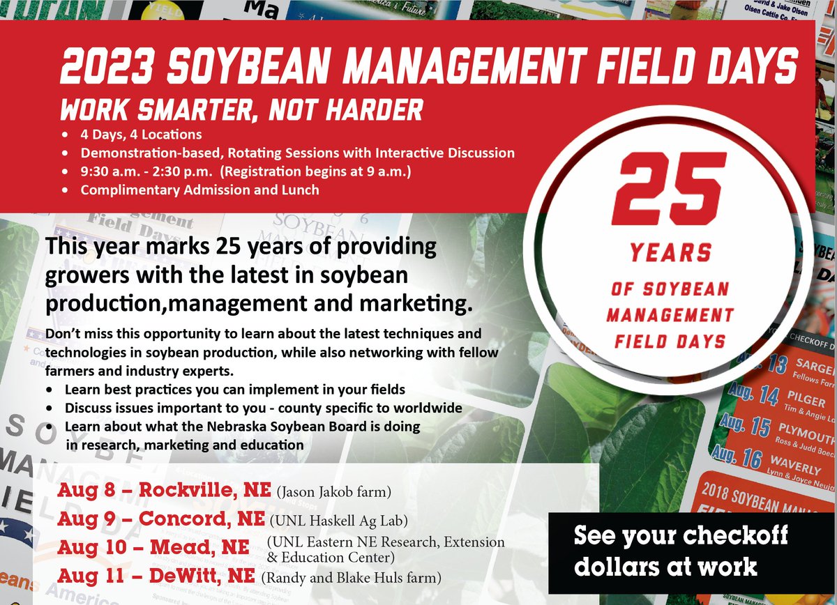 NebraskaSMFD's tweet photo. Post 1 of 3 - Soybean Management Field Days details! https://t.co/k17LLBI75b
Aug 8: Rockville, NE (Jason Jakob farm)
Aug 9: Concord, NE (UNL Haskell Ag Lab)
Aug 10: Mead, NE (UNL Eastern Nebraska Research, Extension &amp; Education Center)
Aug 11: DeWitt, NE (Randy &amp; Blake Huls farm) https://t.co/MBB7jFNMkB
