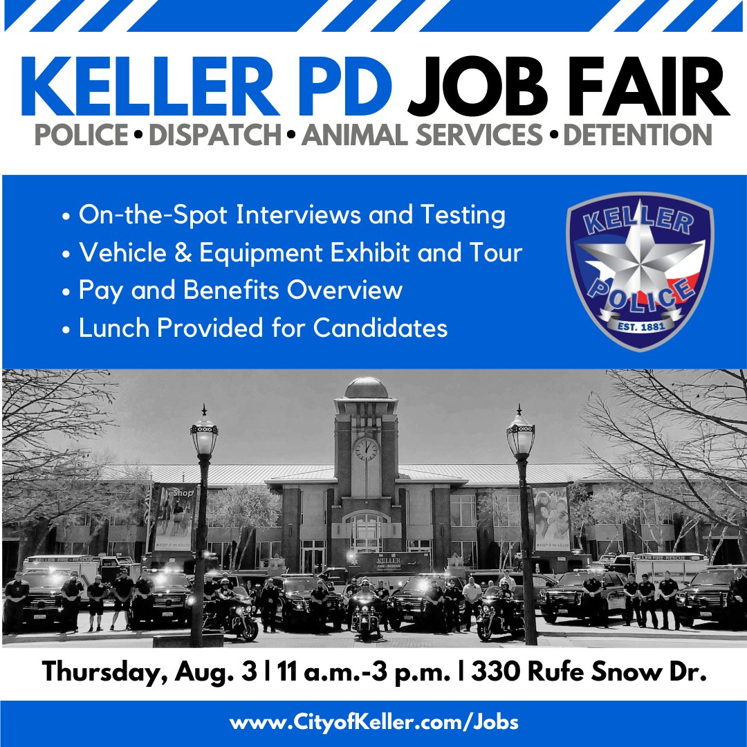 KellerPolice's tweet photo. Have a heart for public service? We hope to see you this week at our job fair! https://t.co/FdTrVd5KtY
