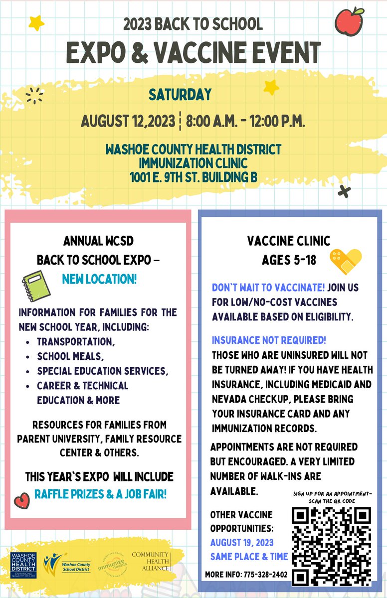 WashoeSchools's tweet photo. Our @WashoeHealth @CHANevada @ImmunizeNV Washoe County Health District partners, Community Health Alliance and Immunize Nevada will offer vaccines for children at the 2023 Back to School Expo. Don't wait to vaccinate! Low/no-cost vaccines will be provided based on eligibility ... https://t.co/ruCqujXfUT