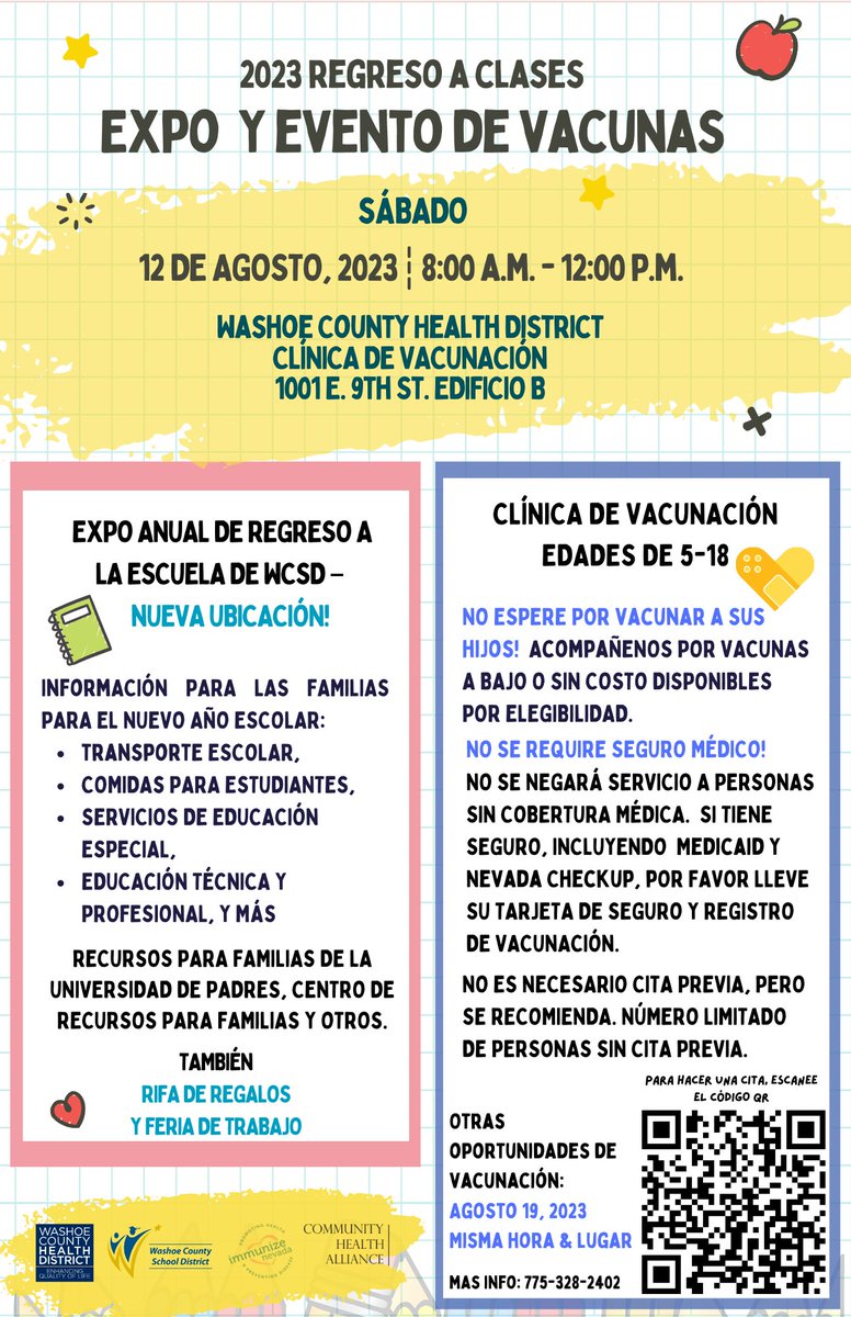 WashoeSchools's tweet photo. Our @WashoeHealth @CHANevada @ImmunizeNV Washoe County Health District partners, Community Health Alliance and Immunize Nevada will offer vaccines for children at the 2023 Back to School Expo. Don't wait to vaccinate! Low/no-cost vaccines will be provided based on eligibility ... https://t.co/ruCqujXfUT