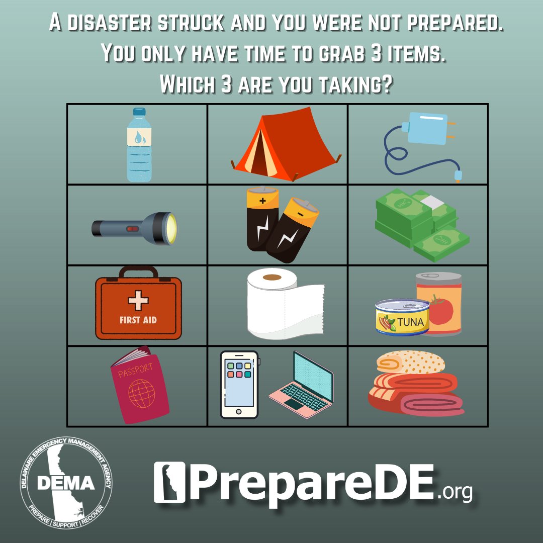 DelawareEMA's tweet photo. Oh no! You are facing an emergency and did not prepare! You only have time to grab three items before you leave your home for an undisclosed amount of time. What are you grabbing? #buildakit #stayprepared #PrepareDE https://t.co/pNwOtLrFpu