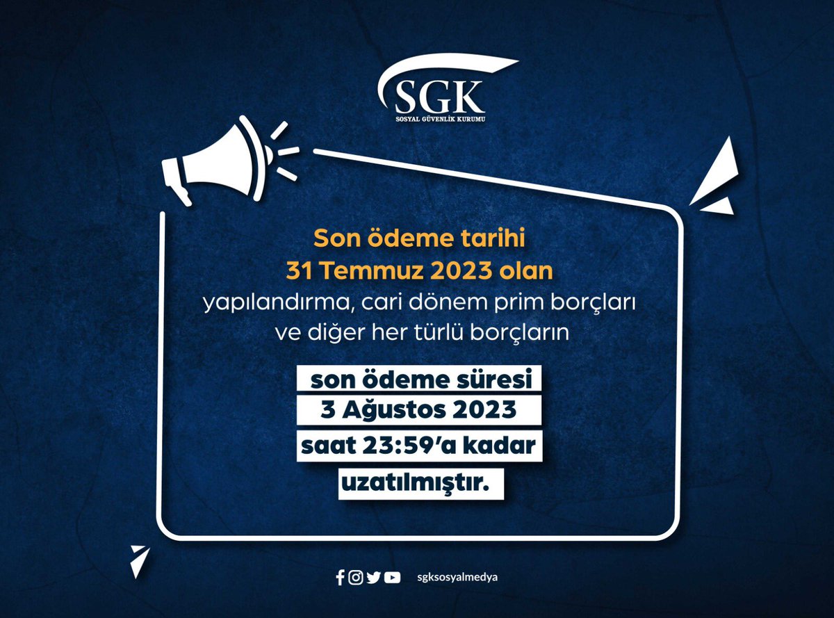 📣 Son ödeme tarihi 31 Temmuz 2023 olan yapılandırma, cari dönem prim borçları ve diğer her türlü borçların son ödeme süresi 3 Ağustos 2023 saat 23:59’a kadar uzatılmıştır.

🔗 sgk.gov.tr/Duyuru/Detay/K…