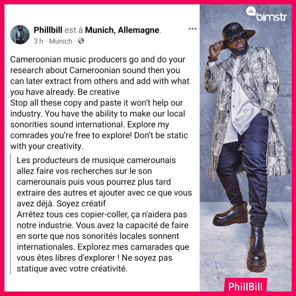 Bimstr237's tweet photo. [PENDANT CE TEMPS]

@itzphillbill dit que hein...

L'artiste et producteur envoie un message fort à ses collègues. Pour le boss de Shaba Musik, les producteurs de musique ne doivent pas être statiques dans leur créativité.

Vos impressions ?

#237RaisonsDexceller #TT237 https://t.co/DGpTUlUepH