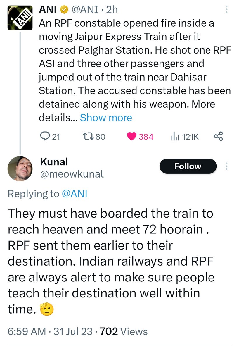RoshanKrRaii's tweet image. Kunal is not an IT cell member, Kunal is just an Indian who consumes hate everyday on TV and social media. 

@meowkunal is not just one , he represents a large chunk of the population brainwashed with hate and poison. 

Hatred so strong that it does not take a second to justify a…