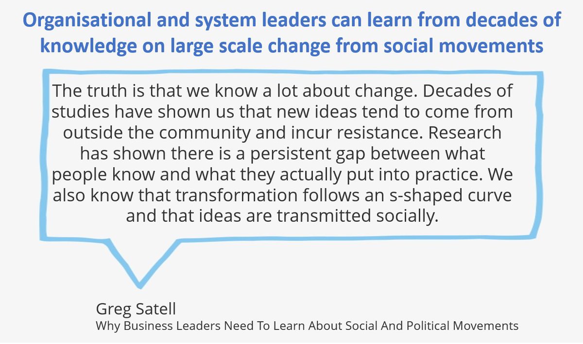 Leaders of organisation/system change can learn greatly from social movements. There's abundant scholarship, going back decades, about leading large scale change. Specifically, movement leaders can teach us: 1) Why change fails as well as succeeds 2) How, when change is…