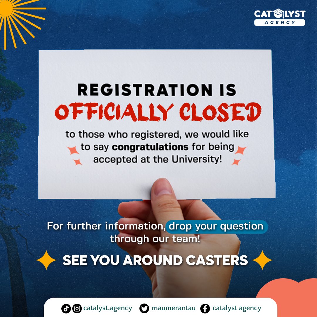 Sadly our registration period has been closed 😭

By the waaay..

Congratulations for those who got accepted in your dream University‼️

If you have any questions just drop on comment or straightly ask to our team🤩

See you around Casters❤️
#kuliahdiluarnegeri #kuliahdimalaysia