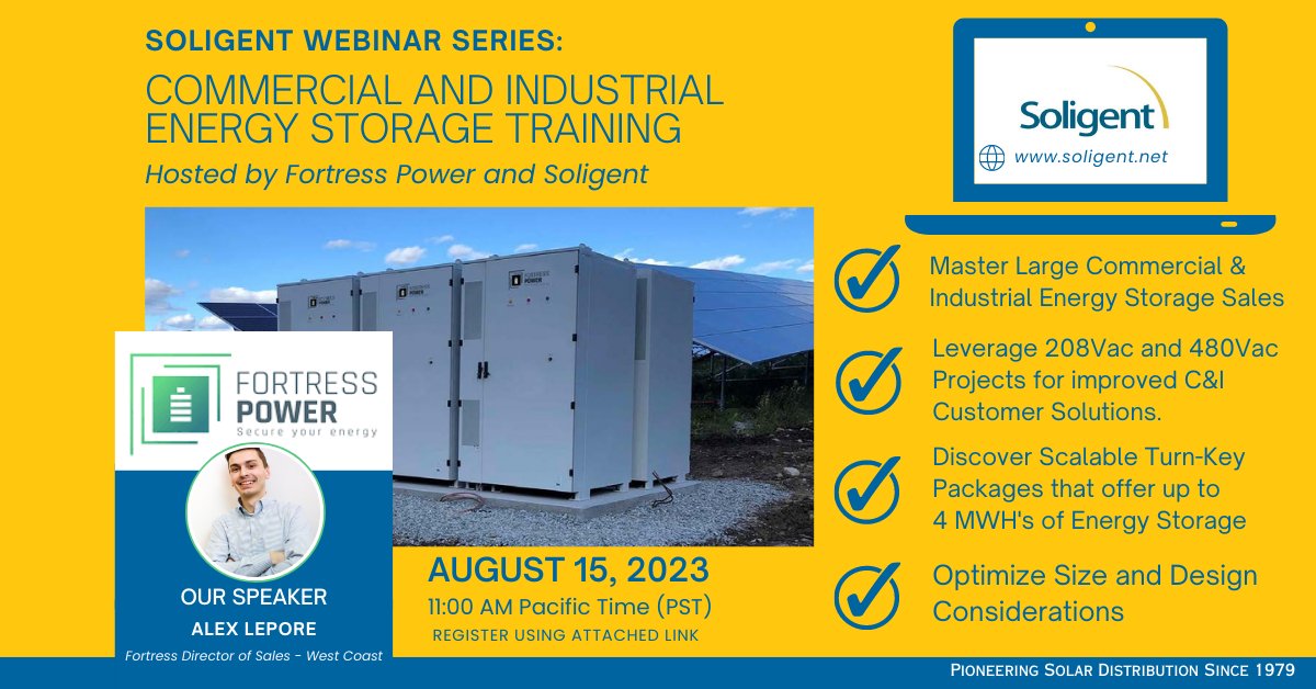 Soligent's tweet photo. 🔆⚡ Don't miss our joint webinar with @FortressPower on Aug 15, 11 AM PST! Dive into 208Vac & 480Vac 3 Phase projects, explore 4 MWH energy storage & master peak shaving, TOU, & more. #SoligentxFortressPower #EnergyStorage #soligent 🗓️🔌
Register Here: https://t.co/6ejiuCXp9T https://t.co/o7cBeDxYc4