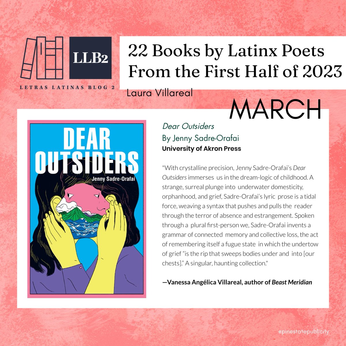 Jenny Sadre-Orafai's DEAR OUTSIDERS is a @LetrasLatinas can't miss poetry collection for March (and beyond!). It's never too late to get your copy of the book Vanessa Angélica Villareal calls 'a singular, haunting collection.'