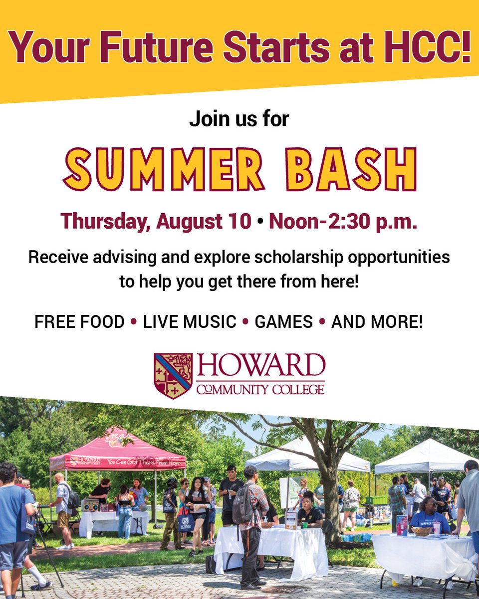 HowardCCWCCE's tweet photo. Summer Bash returns to Howard Community College on Thursday, August 10 from noon to 2:30 p.m. ☀️

Come and meet Roxanne, HCC Admissions Coach, and officially begin your college experience.

RSVP for Summer Bash: https://t.co/ghOdQMbeP7

#HowardCC #CommunityCollege #CollegeChoice https://t.co/iE30N7efgS