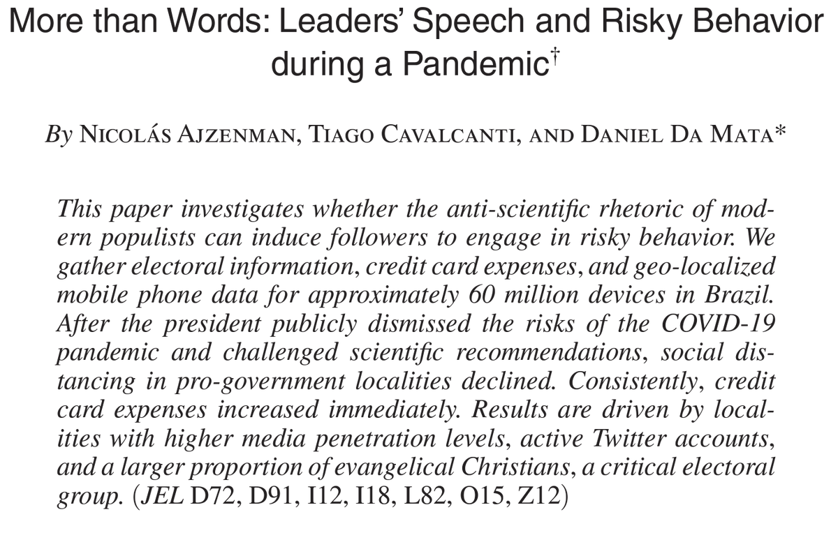 Nicolas_Ajz's tweet photo. Glad to see our paper finally in print in AEJ Econ Policy!

We show a clear spike in mobility in pro-Bolsonaro municipalities, happening exactly after two very salient speeches of Bolsonaro undervaluing the potential effects of COVID in March 2020 (remember the "gripezinha"?). https://t.co/IZR7m3JHBF