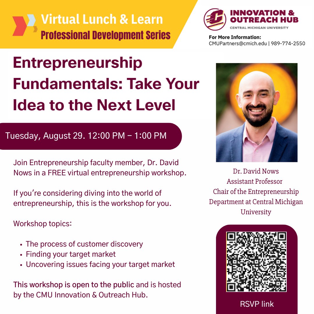 Check out this free virtual entrepreneurship lunch and learn event hosted by Central Michigan University Innovation and Online

RSVP: cmich.webex.com/weblink/regist…