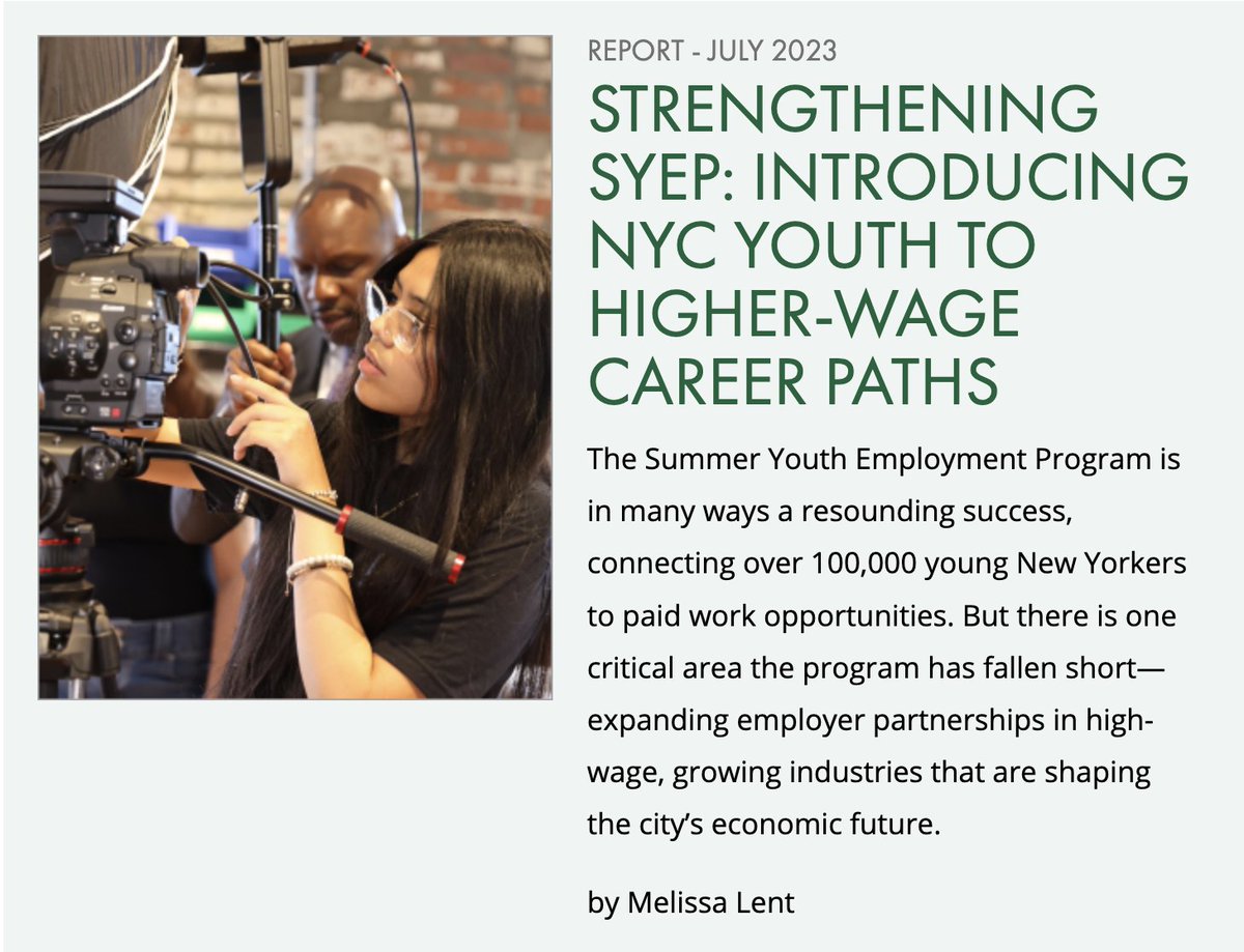 Check out <a href="/nycfuture/">Center for an Urban Future</a>'s recent report - Strengthening SYEP: Introducing NYC Youth to Higher-Wage Career Paths - citing the need to expand employer partnerships in SYEP to high-wage, growing industries that are shaping the city’s economic future: nycfuture.org/research/stren…