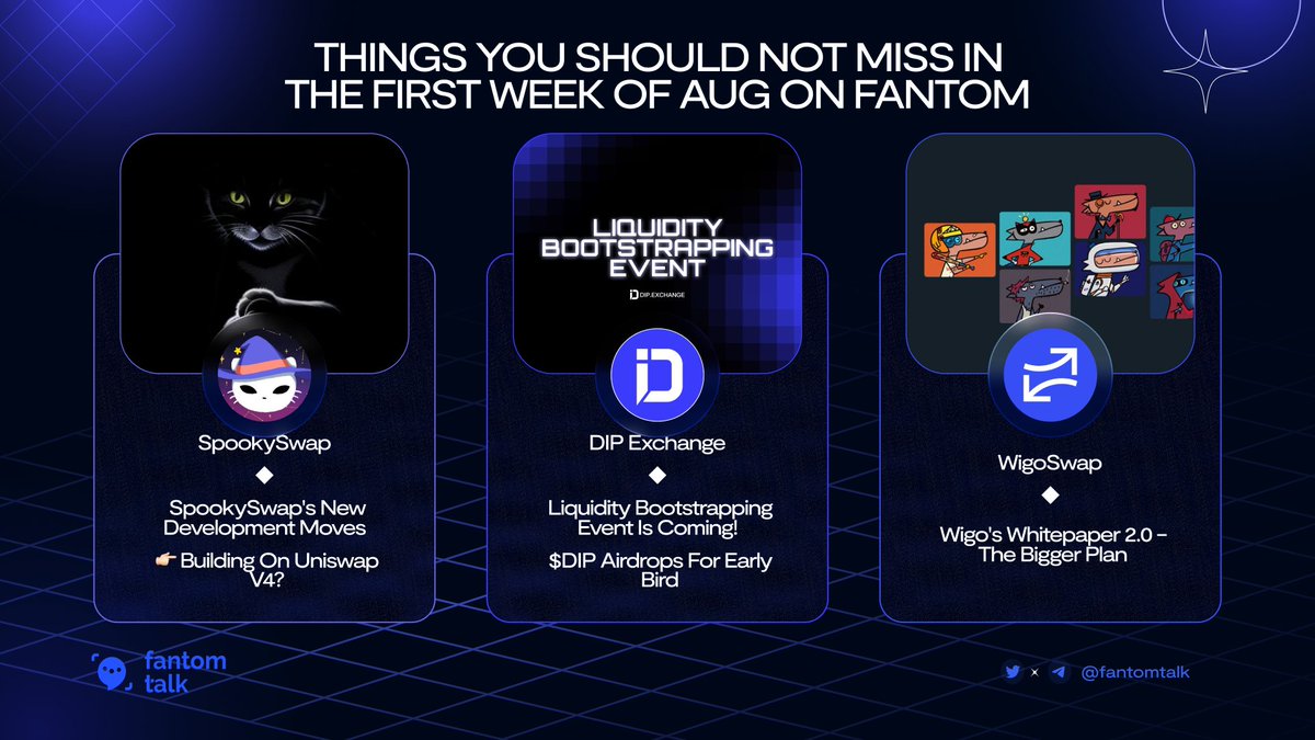 THINGS YOU SHOULD NOT MISS IN THE FIRST WEEK OF AUG

<a href="/SpookySwap/">SpookySwap💥</a> - <a href="/DIP_Exchange/">DIP Exchange</a> - <a href="/WigoSwap/">WigoSwap</a> are 3 projects that will probably bring big attention to the $FTM fam this Aug with new developments!

The positivity still emerges thanks to the actions of the builders!
Let's build 🙏🏻