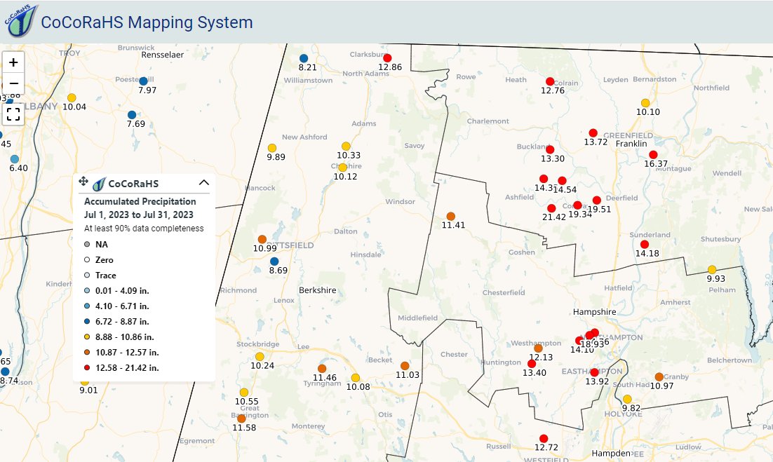 July Fun Fact!

#DYK the highest July rainfall total in the U.S., Canada, &amp; Puerto Rico from <a href="/CoCoRaHS/">CoCoRaHS</a>  observers was in Conway, MA w/a total of 21.42"?

Other top 5 totals: 19.51" &amp; 19.34" from other Conway observers, 18.93" in Northampton, MA , &amp; 17.63" in Cornwall, CT.