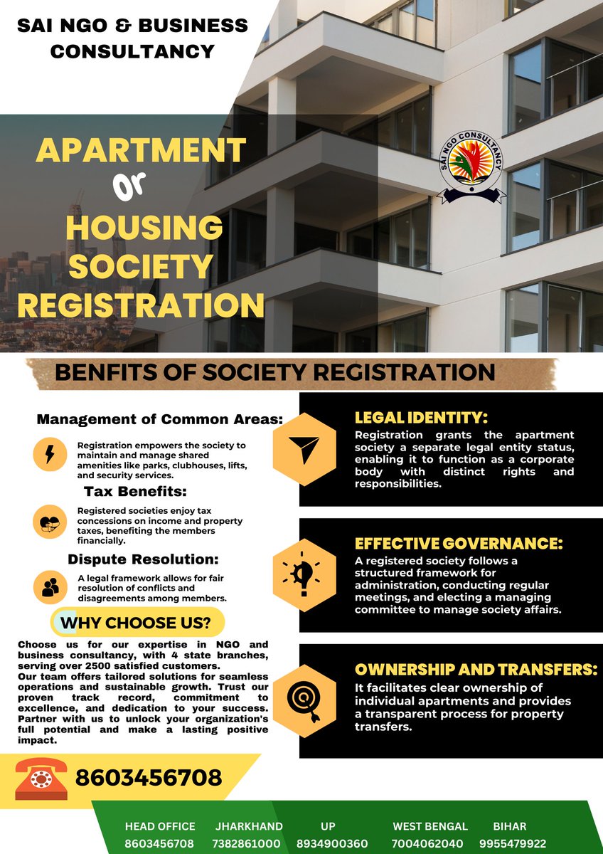 saingoconsult's tweet image. #ApartmentSocietyRegistration for #LegalProtection, #TransparentManagement, and access to #GovernmentBenefits. Ensure #PropertyOwnershipClarity, #FinancialAccountability, and #FairDisputeResolution. Embrace #CommunityLiving, #Efficiency, and #SustainableGrowth