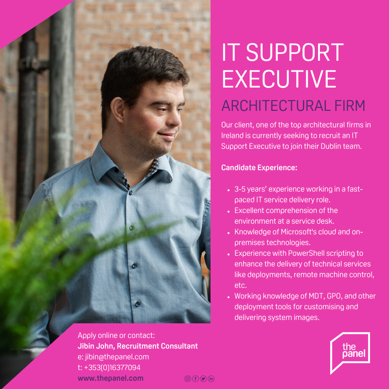 ThePanelDublin's tweet photo. IT Support Executive (https://t.co/0wQ1lFqXb0) role is currently available with our client, an Irish top architectural firm.
For more information, contact JJ at jibin@thepanel.com
#jobfairy #itsupportexecutive #ITSupport #technicalsupport #ITsystemsadmin #helpdesksupport https://t.co/cmgc6gol4E