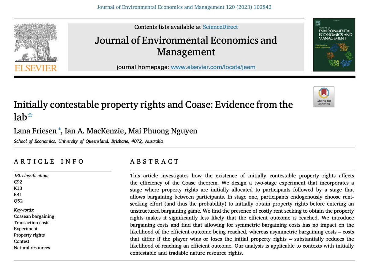 JEEM_tweets's tweet photo. New #JEEM paper by Lana Friesen, Ian A. MacKenzie (@EconIanMacK), &amp; Mai Phuong Nguyen on how contestable property rights affects the Coase theorm.

Read more here: https://t.co/H7QlfeKWny https://t.co/PEtMNyEHM7