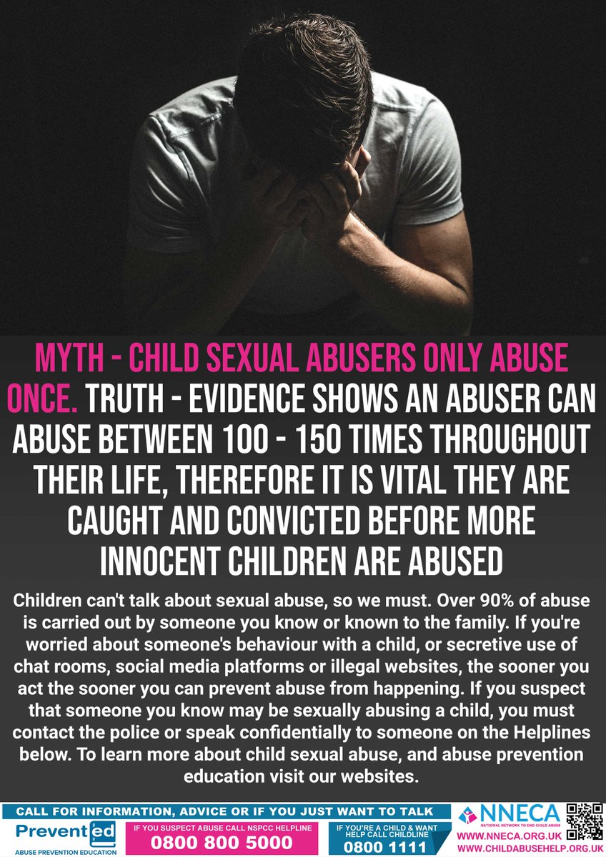 CHILD SEXUAL ABUSERS CAN ABUSE BETWEEN 100 – 150 TIMES THROUGHOUT THEIR LIFE, THEREFORE CRITICAL THEY ARE CAUGHT &amp; CONVICTED.
Children can’t talk about sexual abuse, so we have to. #ChildAbuseHelp #OnlineSafety #PreventED nneca.org.uk