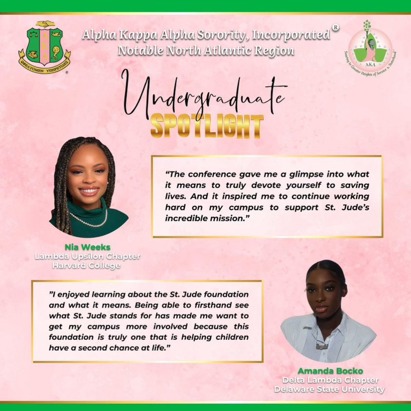 Our undergraduates in the North Atlantic Region are soaring to greater heights. Regional Director Elicia Pegues Spearman learned of this leadership opportunity and selected Nia Weeks and Amanda Bocko to attend the 2023 St. Jude NextGen Experience.

#aka1908
#akanar1908