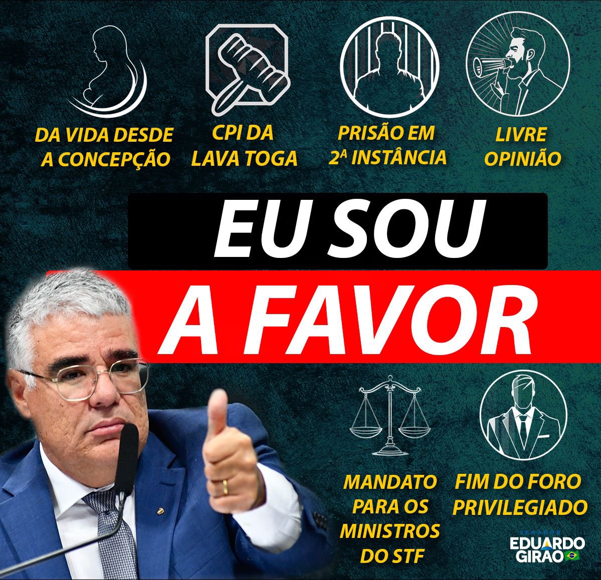 EduGiraoOficial's tweet photo. MANDATO EM FAVOR DA VIDA,ÉTICA E LIVRE OPINIÃO.
Tenho percebido nas praças,mercados e feiras nosso cidadão cabisbaixo e,p/1ª vez,c/M3D0 de se expressar.A liberdade foi um valor conquistado c/mto esforço e sofrimento em nossa Nação q tbém tem princípios bem definidos em defesa da célula +importante de uma sociedade:a família! No @SenadoFederal,trabalho no limite de minhas forças-msm ciente de minhas limitações e imperfeições-p/essas causas nobres assim como contra o CR1M3 de corrupção e a impunidade q assola o País.São essas bandeiras q me motivam na vida pública pois p/mim, política é missão! O fato é q c/esse alinhamento nefasto entre Gov LUL4 e 5TF tais valores e princípios nunca estiveram tão 4ME4Ç4D0S…Paz & Bem