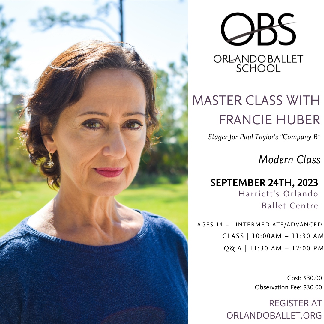 Join us for a master modern class taught by Francie Huber! Ms. Huber will be here to stage Paul Taylor's "Company B" for our opening production, Reflections: 50th Anniversary Celebration ✨