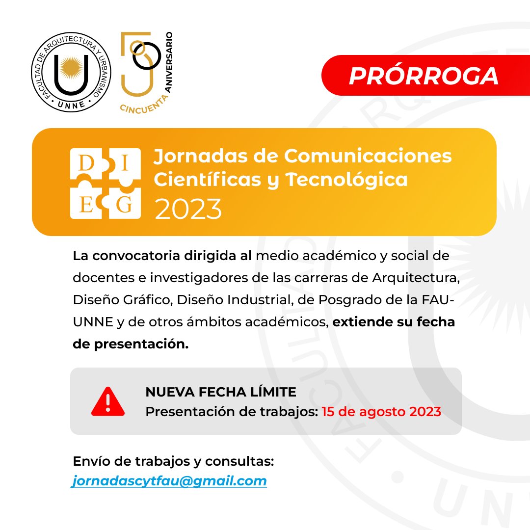 Jornadas de Comunicaciones Científicas y Tecnológica 2023
PRORROGA PARA LA PRESENTACIÓN DE TRABAJOS HASTA EL 15 DE AGOSTO
NUEVA Fecha límite: Presentación de trabajos: 15 de Agosto