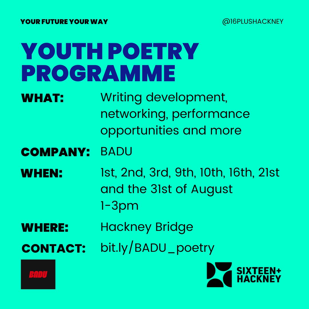 Are you a young aspiring rapper, writer, songwriter or spoken word artist aged 13-19? Want to attend workshops led by Rachel Long, Tolu Agbelusi, Cecilia Knapp, and Courtney Conrad? Then sign up for the BADU Youth Poetry programme for just £5. #YourFutureYourWay