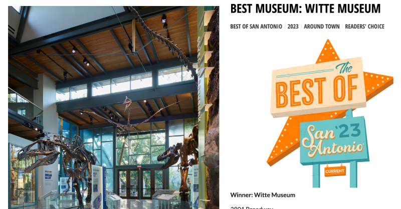 WitteMuseum's tweet photo. We are honored to be awarded Best Museum by the @SAcurrent's #BestOfSA for the 4th year in a row! We are the People’s Museum, and we thank YOU: our visitors, partners, supporters and amazing local community who voted for and continue to spend time enjoying the Witte! 💙