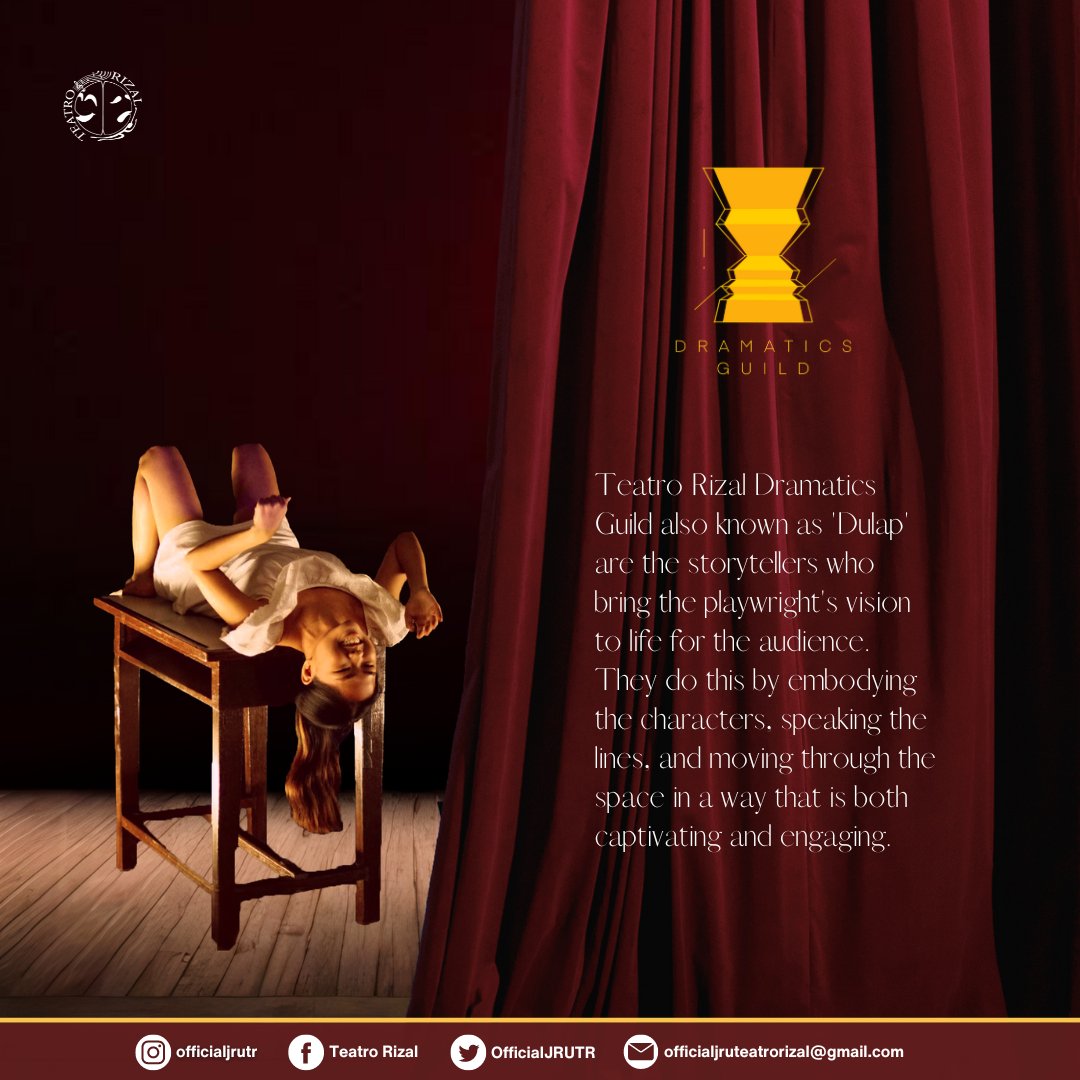 OfficialJRUTR's tweet photo. Gusto mo bang umarte o maginarte?🙄

Teatro Rizal presents the Dramatics Guild also known as DULAP. They focus on their characters and the story they are telling. They work to understand the characters' motivations, emotions, and relationships and source of where they came from. https://t.co/SnTUgICO0p