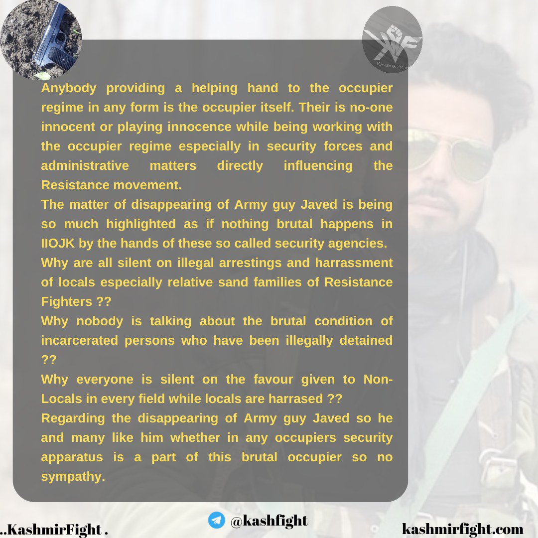 AdityaRajKaul's tweet photo. Pakistani terror group Lashkar e Tayyiba’s (LeT) front TRF releases statement on missing Indian Army soldier Javed Ahmed Wani. LeT hints it might have executed and eliminated him. More details are awaited.

Javed had gone missing over 48 hours ago from Kulgam of South Kashmir. https://t.co/eVjdFBrcEw