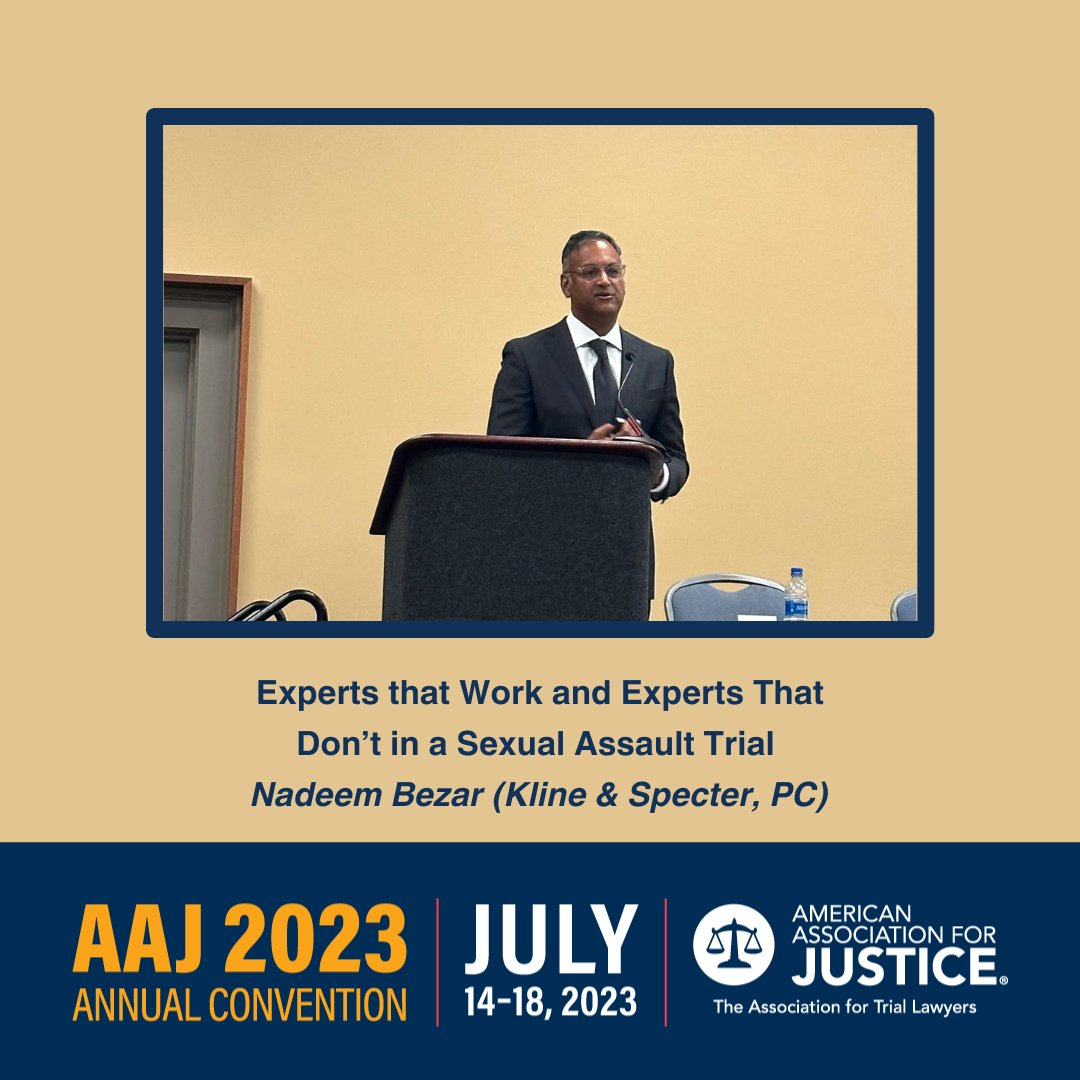 NadeemBezar's tweet photo. Earlier this month, I spoke at #aajannual23 on ‘Effectively Presenting Evidence On Behalf of Survivors of Abuse’ & was able to share why it’s important to consider using a perpetrator’s admissions & testimony when presenting evidence of an assault.
#NadeemBezar #KlineSpecter https://t.co/3voP6eBlNk