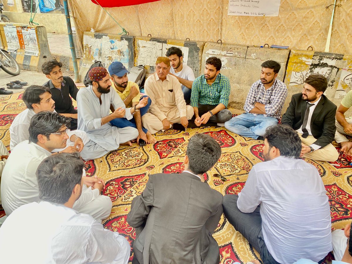 PrsfK's tweet photo. Students of Dawood University, as well as various progressive organisations, including PrSF continue their hunger strike against the restoration of students for the second day. https://t.co/5NJd5QZzae